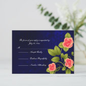 Donkerblauw en koraal Roos Vloeiend huwelijk RSVP Kaartje (Staand voorkant)