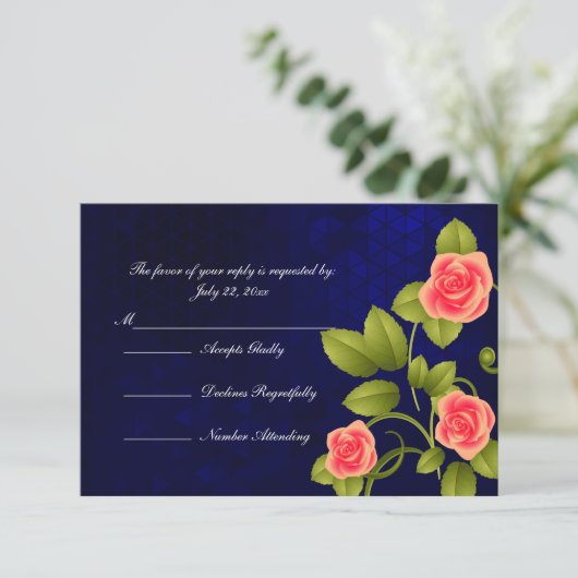 Donkerblauw en koraal Roos Vloeiend huwelijk RSVP Kaartje (Staand voorkant)