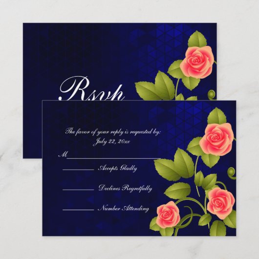 Donkerblauw en koraal Roos Vloeiend huwelijk RSVP Kaartje (Voorkant / Achterkant)