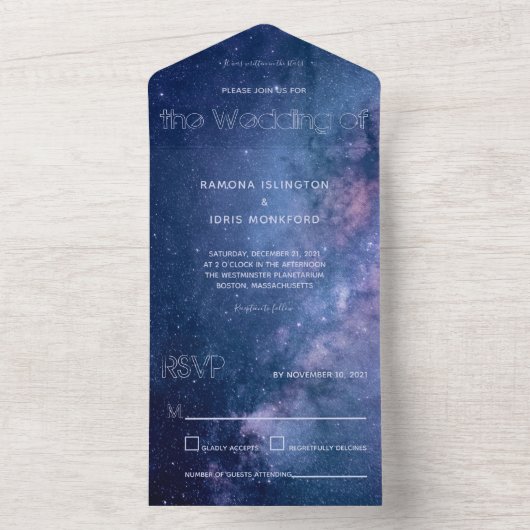 Donkerblauw en Paars galaxy Wedding All In One Uitnodiging (Binnen)