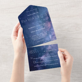 Donkerblauw en Paars galaxy Wedding All In One Uitnodiging