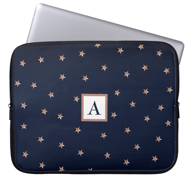 Donkerblauw en Roos goudroze litterstrips Laptop Sleeve (Voorkant)