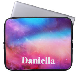 Donkerblauw en roze holografisch hemel met aangepa laptop sleeve