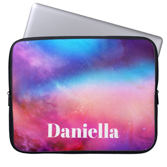 Donkerblauw en roze holografisch hemel met aangepa laptop sleeve (Voorkant)