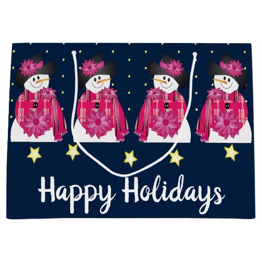 Donkerblauw en roze sneeuwpop groot cadeauzakje (Voorkant)