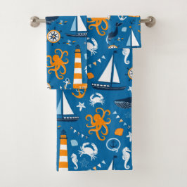 Donkerblauw en Sinaasappel Nautisch Scene Pattern  Bad Handdoek