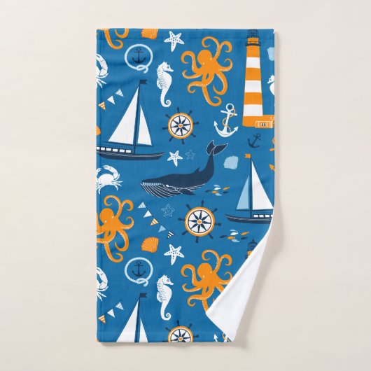Donkerblauw en Sinaasappel Nautisch Scene Pattern Bad Handdoek (Handdoek)
