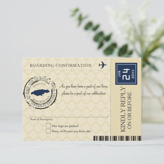 Donkerblauw en Tan Jamaica RSVP Boarding Pass (Staand voorkant)