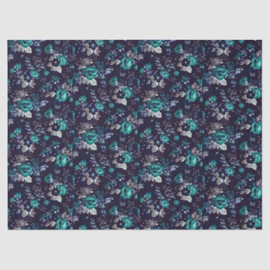 Donkerblauw en Turquoise Bloemen Decoupage Papier (Voorkant)