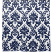 Donkerblauw en wit damastpatroon douchegordijn (Voorkant)