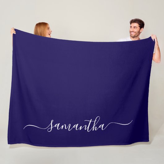 Donkerblauw en wit Elegant Swash Handtekening Naam Fleece Deken (In situ)