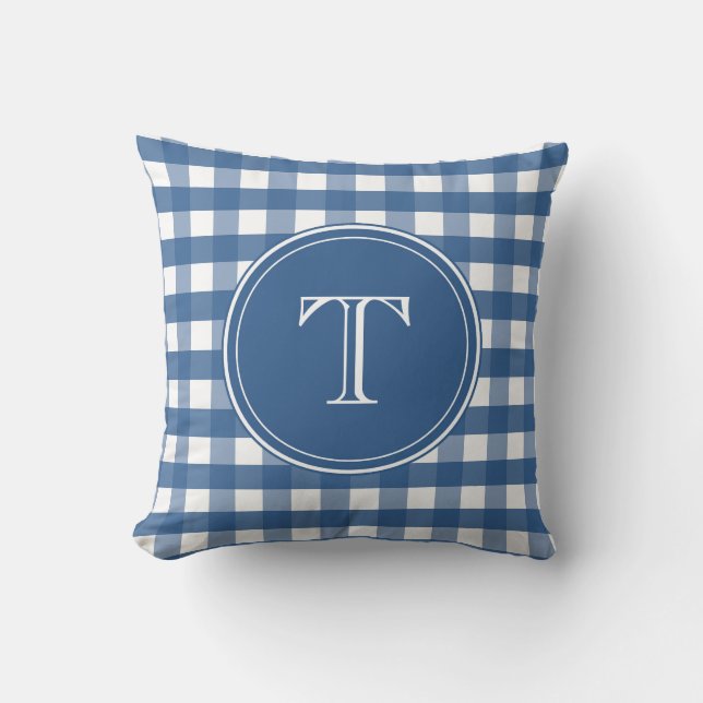 Donkerblauw en wit Gingham Monogram Kussen (Voorkant)
