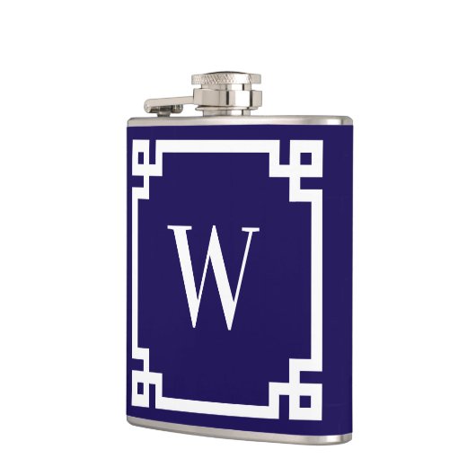 Donkerblauw en wit Grieks Key Border Monogram Heupfles (Links)
