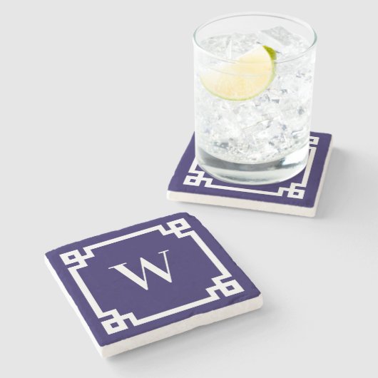 Donkerblauw en wit Grieks Key Border Monogram Stenen Onderzetter (Zijkant)