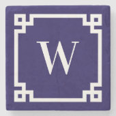 Donkerblauw en wit Grieks Key Border Monogram Stenen Onderzetter (Voorkant)