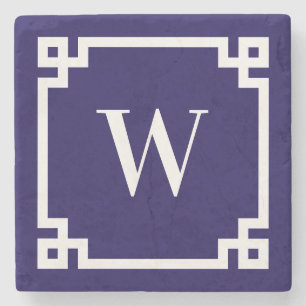 Donkerblauw en wit Grieks Key Border Monogram Stenen Onderzetter