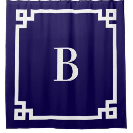 Donkerblauw en wit Grieks Key Eenvoudig Monogram Douchegordijn