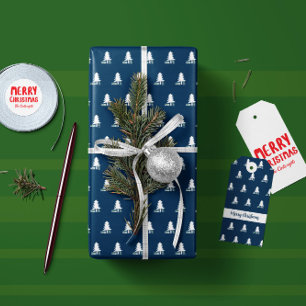 Donkerblauw en wit kerstboomontwerp cadeaupapier