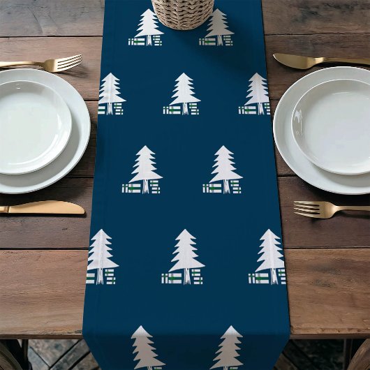 Donkerblauw en wit kerstboomontwerp korte tafelloper