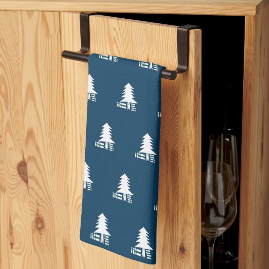 Donkerblauw en wit kerstboomontwerp theedoek (Derde Gevouwen)