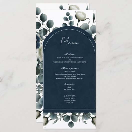 Donkerblauw en wit Modern Bloemengroen Menu (Voorkant / Achterkant)