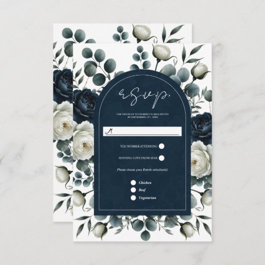 Donkerblauw en wit Modern Bloemengroen RSVP (Voorkant / Achterkant)