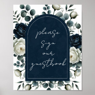 Donkerblauw en wit Modern Floral Guestbook Sign Poster