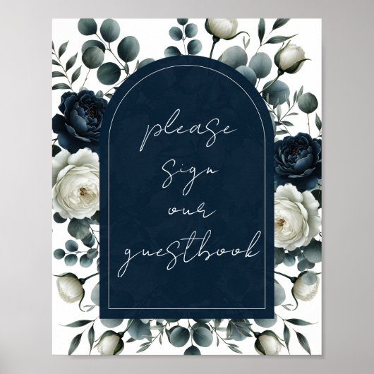 Donkerblauw en wit Modern Floral Guestbook Sign Poster (Voorkant)