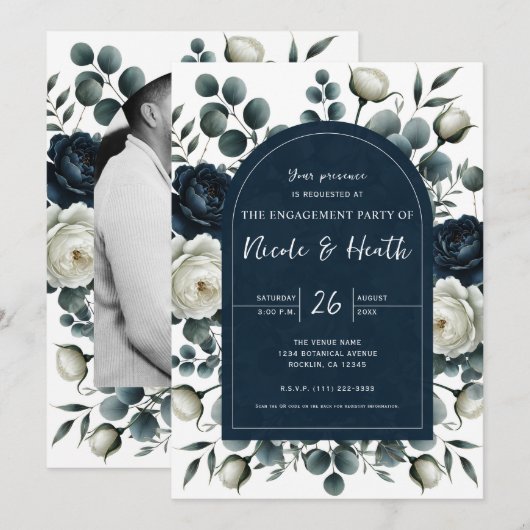 Donkerblauw en wit Modern Floral Verloving Kaart (Voorkant / Achterkant)