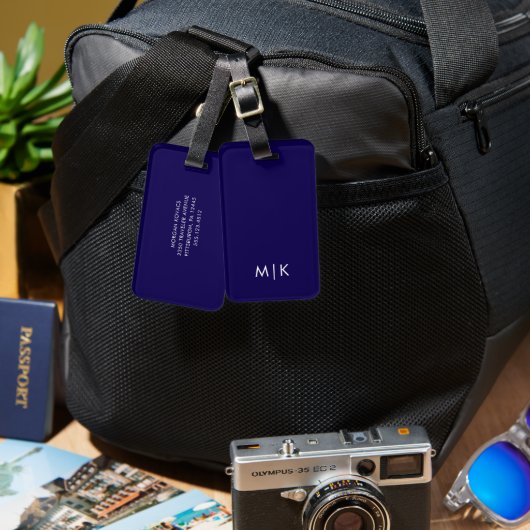 Donkerblauw en Wit Modern Monogram Bagagelabel (Voorkant /achterkant)