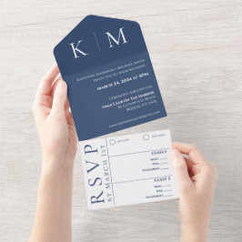 Donkerblauw en Wit-Modern-Monogram-Bruiloft- All In One Uitnodiging