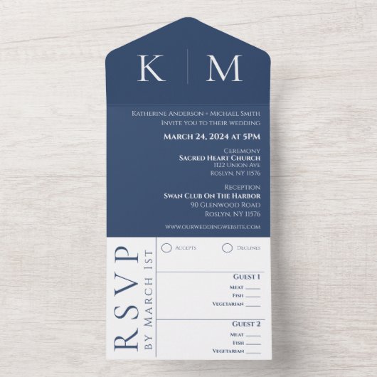 Donkerblauw en wit-Monogram-Bruiloft- All In One Uitnodiging (Binnen)