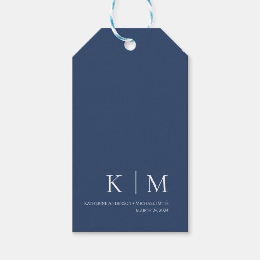 Donkerblauw en wit-Monogram-Bruiloft Cadeaulabel (Voorkant)