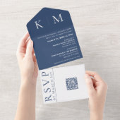 Donkerblauw en wit-Monogram-Bruiloft uitnodigen- All In One Uitnodiging (Afscheurbaar)
