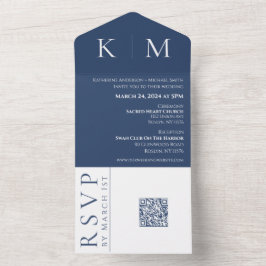 Donkerblauw en wit-Monogram-Bruiloft uitnodigen- All In One Uitnodiging