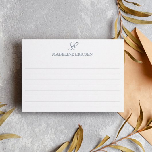 Donkerblauw en wit monogram uitgelijnd notitiekaartje