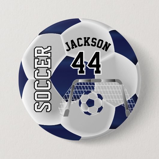 Donkerblauw en wit personaliseer Voetbal Ronde Button 7,6 Cm (Voorkant)