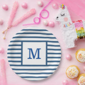 Donkerblauw en witte strepen, aangepast monogram papieren bordje (Feest)