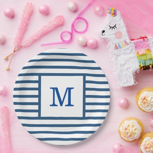 Donkerblauw en witte strepen, aangepast monogram papieren bordje (Feest)