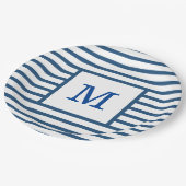Donkerblauw en witte strepen, aangepast monogram papieren bordje (Gekanteld)
