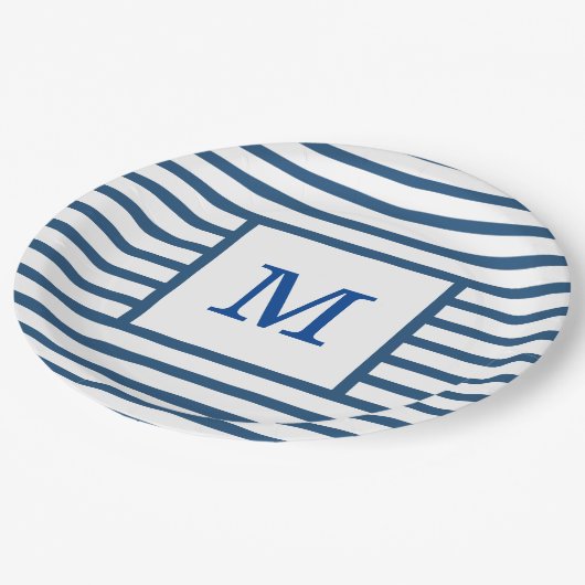 Donkerblauw en witte strepen, aangepast monogram papieren bordje (Gekanteld)