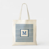 Donkerblauw en witte strepen, aangepast monogram tote bag (Achterkant)