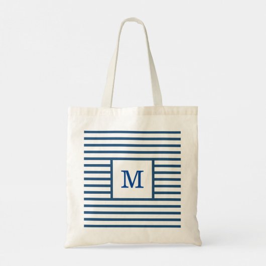 Donkerblauw en witte strepen, aangepast monogram tote bag (Achterkant)