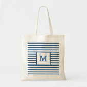 Donkerblauw en witte strepen, aangepast monogram tote bag (Voorkant)