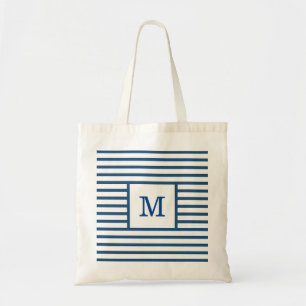 Donkerblauw en witte strepen, aangepast monogram tote bag