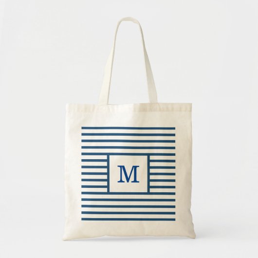 Donkerblauw en witte strepen, aangepast monogram tote bag (Voorkant)