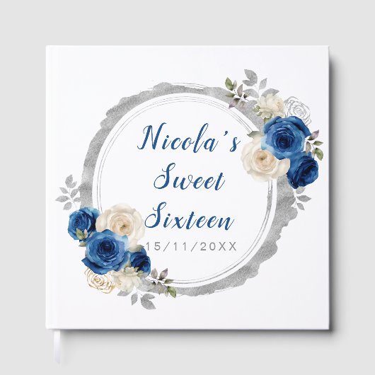 Donkerblauw en zilver Elegante bloemen Sweet Sixte Gastenboek (Voorkant)