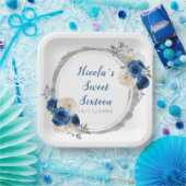 Donkerblauw en zilver Elegante bloemen Sweet Sixte Papieren Bordje (Feest)