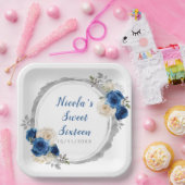 Donkerblauw en zilver Elegante bloemen Sweet Sixte Papieren Bordje (Feest)