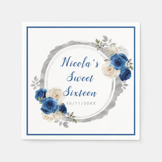 Donkerblauw en zilver Elegante bloemen Sweet Sixte Servet (Voorkant)